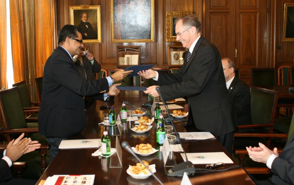 President Thumbay Moideen and Rector Tivadar Tulassay exchange the signed MOUs
