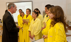 Chancellor Collins meets Hungarian medical students in the 1st Department of Pathology and Experimental Cancer Research's autopsy room
