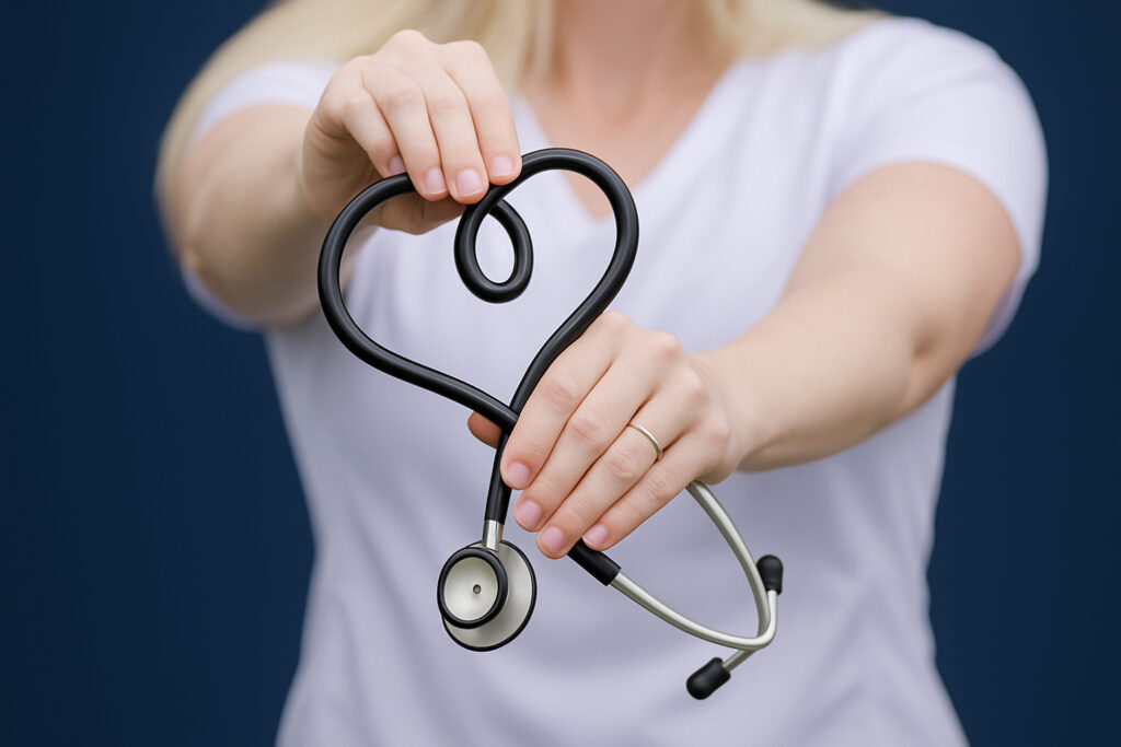 Szív alakú sztetoszkóp a kezekben