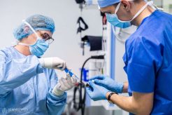 A műtőben már a műtősnő, a jelen lévő szakorvos és a képzett műtőssegéd ad különböző feladatokat a hallgatóknak.